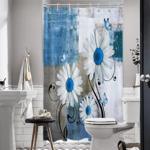 Miniatura 2 de Cortina de ducha floral con margaritas azules, flores blancas y mariposas en tela moderna abstracta geométrica gris para baño, 10 ganchos, 48 x 72