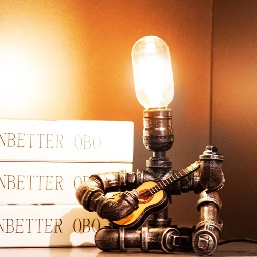 Miniatura 3 de Lámpara de mesa de guitarra musical, lámpara de mesa Steampunk, lámpara de guitarra retro steampunk, lámpara de robot de tubo de metal industrial