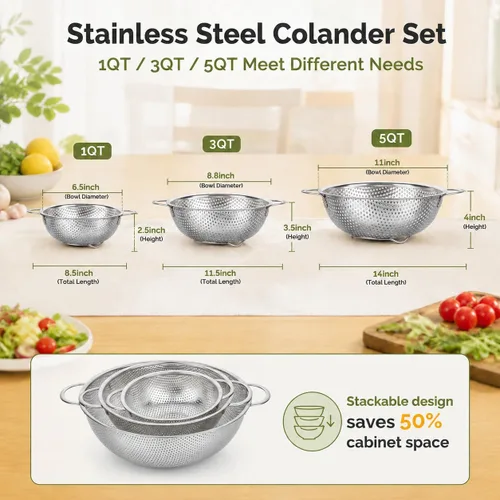 Miniatura 2 de TeamFar Colador de 3 coladores de acero inoxidable perforado con asas para espaguetis, pasta, bayas, libre de óxido y apto para lavavajillas, 1/3/5