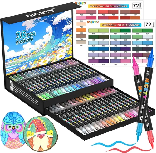 NICETY Marcadores de pintura acrílica de doble punta de 72 colores – 36 pinceles de doble color con puntas flexibles de 1–5 mm, marcadores de