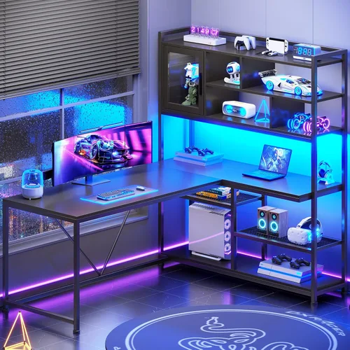 Miniatura 7 de SEDETA Escritorio para computadora en forma de L, escritorio de oficina de 58 pulgadas con luz LED y estantería, escritorio de esquina en forma de L