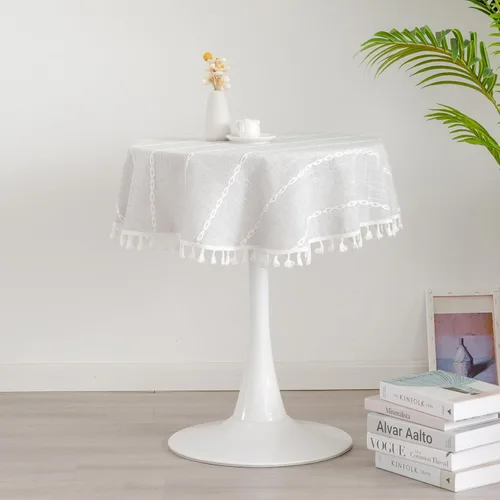 Miniatura 10 de Mantel redondo rústico pequeño lavable a rayas jacquard de lino resistente estilo granja con borlas para cocina, comedor, fiesta, decoración de Café