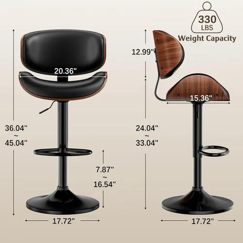 Miniatura 3 de Taburetes de bar, taburetes de bar giratorios ajustables para isla de cocina, sillas de barra de cuero moderno de mediados de siglo de altura