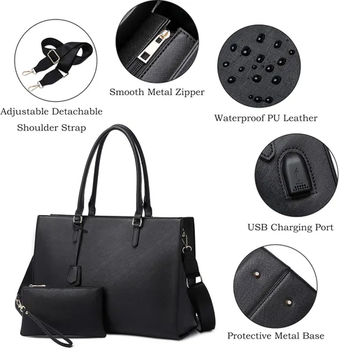 Miniatura 6 de Bolsa para laptop para mujer, de 17 pulgadas, bolsas de trabajo casuales con puerto de carga USB, bolsa de mano para portátil con bolso de mano Negro