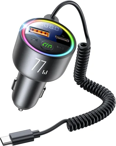 Adaptador de coche de transmisor FM Bluetooth 5.4 de 77 W [PD3.0 65W+12W de carga rápida] Adaptador Bluetooth para automóvil [graves profundos y