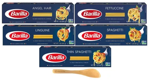 Barilla Pasta, pelo de ángel, fettuccine, lingüino, espaguetis y espaguetis finos, 16 onzas (paquete de 5) – con mini espátula Make Your Day
