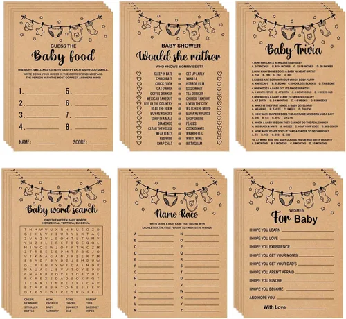Paquete de juegos de baby shower para 50 invitados, juegos apilables, adultos, 150 tarjetas de juego y 1 tarjeta de respuesta