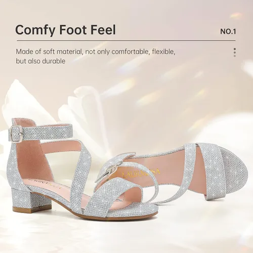 Miniatura 4 de Sandalias para niñas, tacones para niños, puntera abierta, correa al tobillo, zapatos de vestir, flores para boda, fiesta para niños pequeños
