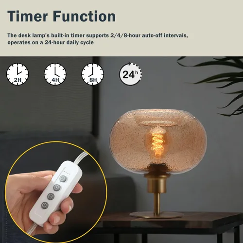 Miniatura 3 de Lámpara de mesa de vidrio de mediados del siglo, lámpara de escritorio regulable, bombilla LED incluida, temporizador incorporado, vidrio ámbar