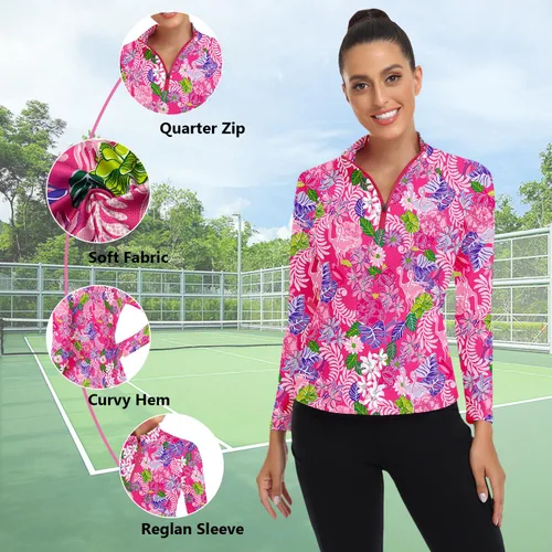 Miniatura 44 de WOWENY Camiseta deportiva de manga larga para mujer, con cremallera de un cuarto, cuello para entrenamiento, camiseta de tenis con estampado