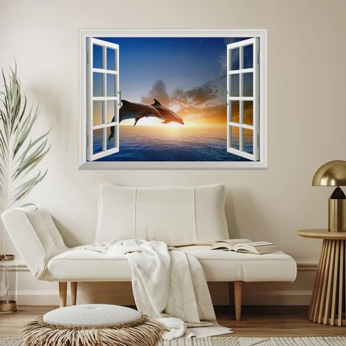 Miniatura 4 de wall26 Mural de pared extraíble – Hermosa pareja saltando delfines en el mar puesta de sol creativa vista de ventana decoración del hogar/decoración