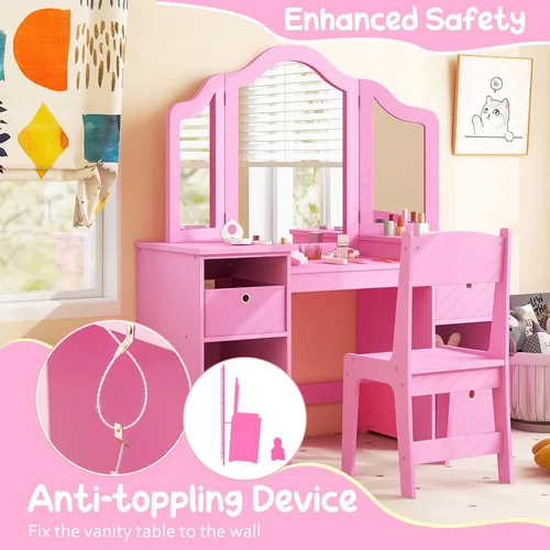 Miniatura 7 de Costzon Tocador para Niños, Juego de Escritorio y Silla de Maquillaje de Princesa 2 en 1 con Espejo Tri-Plegable, 4 Cubos de Almacenamiento, Mesa