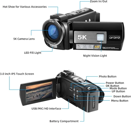 Miniatura 4 de ORDRO Cámara de video 5K videocámara WiFi visión nocturna Vlogging Cámara para YouTube, cámara 4K 56MP 18X Cámara de vídeo con zoom digital