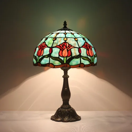 Lámpara de mesa con tulipanes de vitrales, luz de lectura estilo Tiffany, 12 x 12 x 19 pulgadas, lámpara de escritorio de vidrio antiguo para