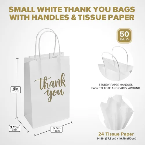 Miniatura 5 de DjinnGlory Paquete de 50 bolsas pequeñas de regalo de agradecimiento con asas, bolsas de papel blanco de 9 x 5.5 x 3.15 pulgadas con papel de seda