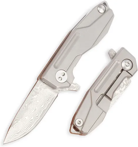 Samior HY002 - Cuchillo plegable ultra pequeño de bolsillo, hoja de damasco VG10 de 1.3 pulgadas, cerradura de marco de mango de titanio gris, mini