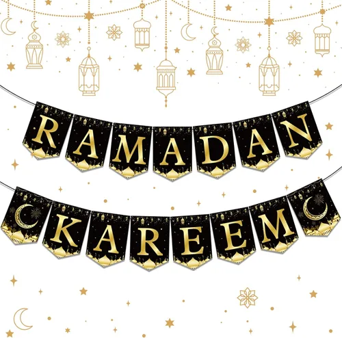 Cartel de Ramadán Mubarak para decoración de fiesta, linterna de luna negra dorada y negra, banderines colgantes de Ramadán Kareem, suministros de