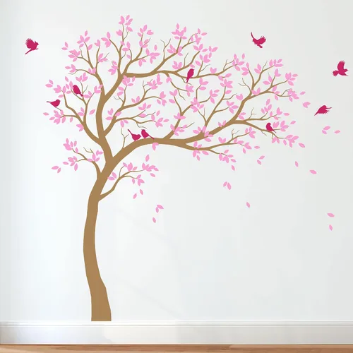 Miniatura 3 de Calcomanías de pared para árbol grande, calcomanías de árbol inclinado con pájaros, mural de vinilo decorativo KW032