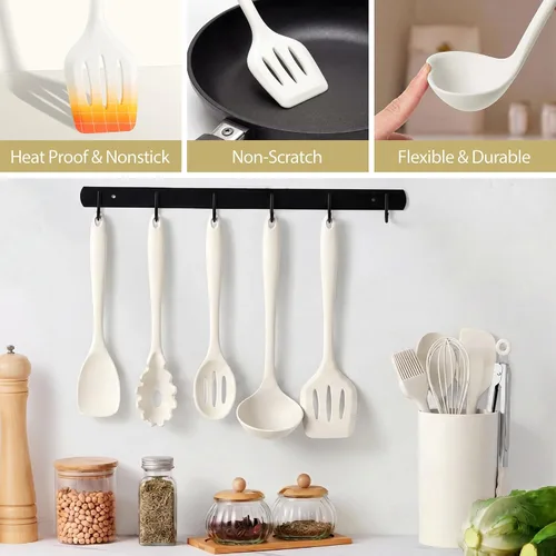 Miniatura 5 de LIANYU Juego de 14 utensilios de cocina con soporte, juego de utensilios de cocina de silicona, incluye espátula, cuchara, pinzas para voltear
