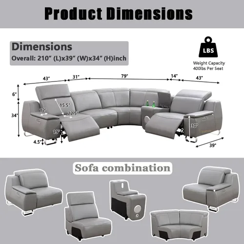 Miniatura 2 de Juego seccional de cuero de grano superior para sala de estar, puerto de carga USB, sillón reclinable eléctrico convertible para casa, sala