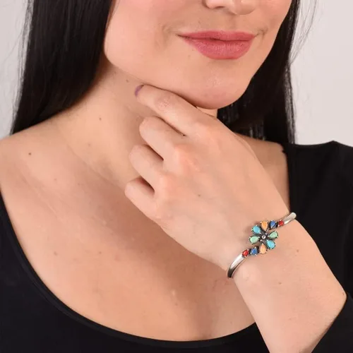 Miniatura 2 de American West Sterling Silver Womens Cuff Bracelet Choice of Gemstone Cluster Design Size Small Medium Large