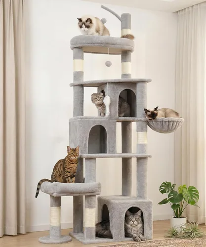 Miniatura 11 de PMT04BW - Árbol resistente para gatos de interior, torre para gatos de 74 pulgadas con poste rascador, cesta colgante, condominio para gatos