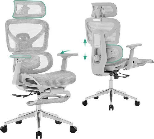 Miniatura 14 de Cozyman Silla de oficina ergonómica con reposapiés, soporte lumbar ajustable de 5 niveles y reclinación de 90-135°, reposacabezas 3D y reposabrazos