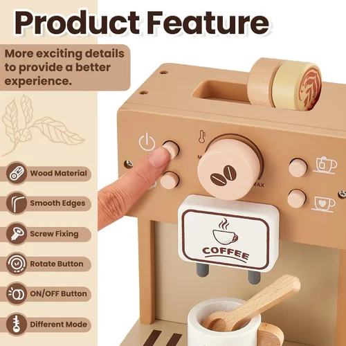 Miniatura 3 de BUYGER Cafetera de juguete para niños, juego de café de madera, juego de juegos de simulación, accesorios de cocina, regalos para niños de 3, 4 y 5