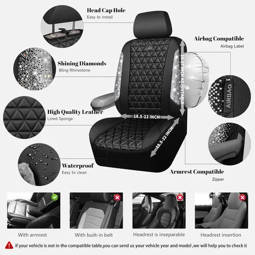 Miniatura 3 de CAR PASS Fundas de asiento de automóvil de cuero con diamantes brillantes, juego de asientos interiores de asientos completos, impermeable, Plateado