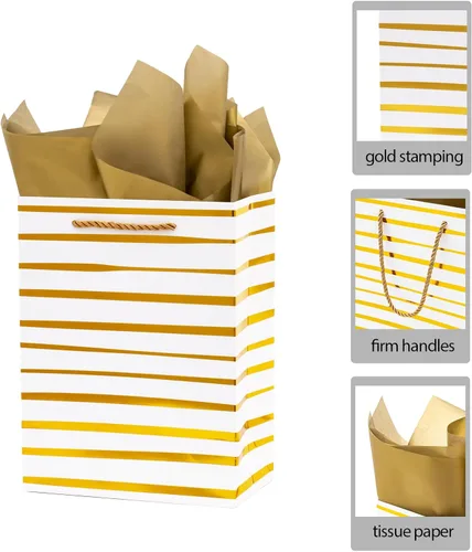 Miniatura 3 de Nihuecne Bolsas de regalo de 9" de tamaño mediano con papel de seda, paquete de 4 bolsas de regalo de papel de envoltura blanco dorado con asas