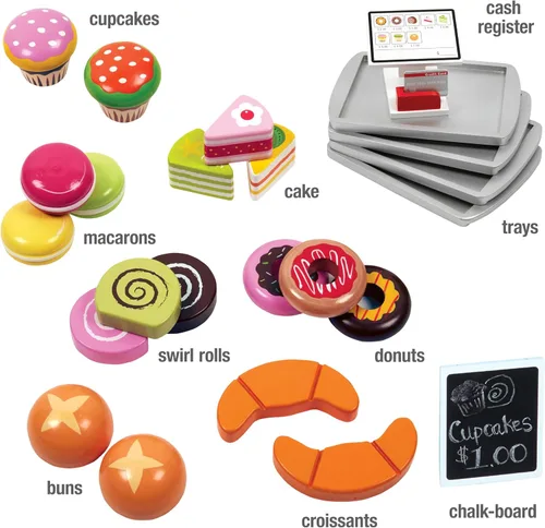 Miniatura 4 de Juego de madera para panadería, soporte de simulación para niños, 25 piezas para pastelería, mostrador de café con alimentos, donas, pasteles