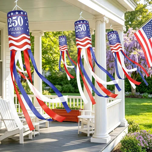Miniatura 7 de 2Pcs 250 Years American Windsocks Decorations, Double Sided Red White Blue 250th Anniversary 1776-2026 WindSock for 4th July Memorial Day Patriotic