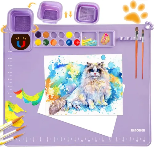 Miniatura 7 de SHNOKER Tapete de silicona para manualidades de 21.7 x 17.7 pulgadas, tapete de pintura de silicona súper grande con 1 taza magnética y paleta