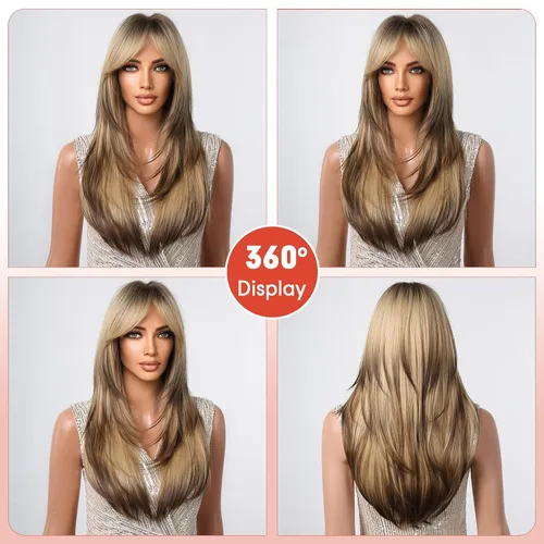 Miniatura 4 de Allbell - Peluca larga y lacia para mujer, color ombré castaño claro a rubio con flequillo, con reflejos, de cabello sintético, resistente al calor