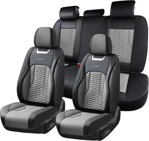 Miniatura 29 de Coverado Juego completo de fundas de asiento de automóvil, fundas rojas para asientos delanteros y traseros, de piel de napa impermeable, cojín