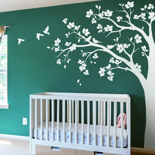 Miniatura 11 de Adhesivo decorativo para pared de árbol de esquina grande con flores grandes, pájaros y hojas para cuarto de bebé, mural 087