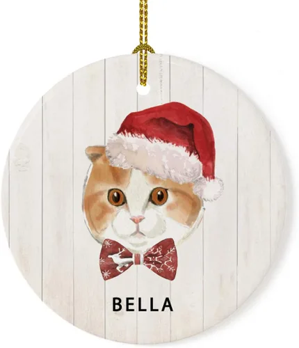 Miniatura 13 de Andaz Press Adorno redondo personalizado de cerámica para árbol de Navidad, abisinio, corona de acebo, sombrero de Papá Noel, con gráfico de gato