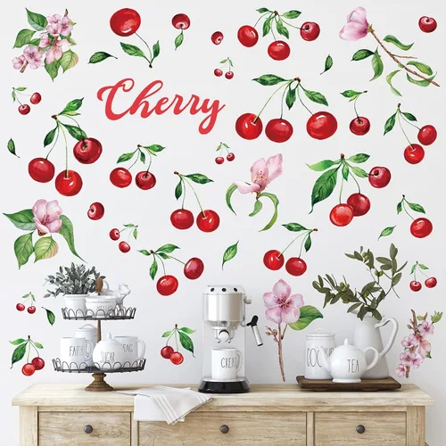 Miniatura 8 de Epakh 41 calcomanías de pared de limón, manzana, cereza y fresa, calcomanías para despegar y pegar, decoración de pared para gabinete de cocina