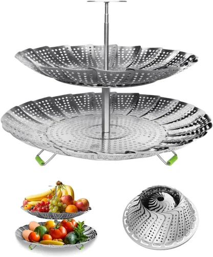 Cesta vaporera de verduras de 2 capas para olla, canasta de vapor de acero inoxidable de alta calidad, canasta separable de acero inoxidable de