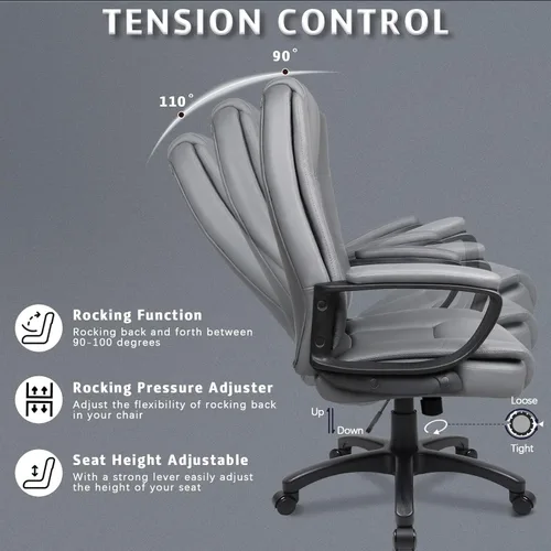 Miniatura 7 de LEMBERI Silla de escritorio de oficina, silla ejecutiva de computadora con respaldo alto, ergonómica, grande y alta, sillas de piel sintética Gris