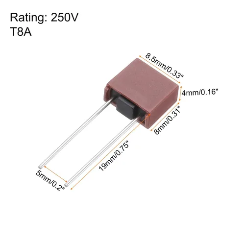 Miniatura 2 de uxcell 10 unids DIP montado en miniatura cuadrado lento golpe micro fusible para piezas electrónicas PCB LCD reparación, T8A 8A 250V, rojo