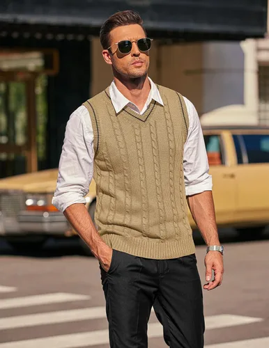Miniatura 4 de COOFANDY Suéter para hombre, cuello en V, ajustado, casual, sin mangas, tejido trenzado