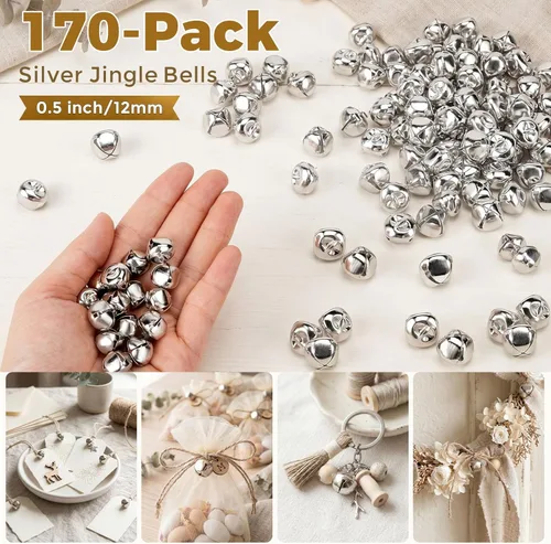 Miniatura 2 de MCPINKY 170 cascabeles, mini campanas para manualidades, para decoraciones de regalos, bolsas de regalo de bricolaje, 0.5 pulgadas, color plateado