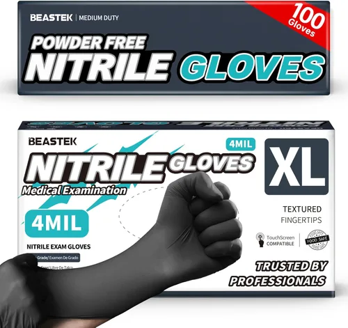 Beastek Black Disposable Nitrile Exam Gloves 100 Pcs 4Mil Chemical Resistant Powder-Free Latex-Free Food Safe Medical Cooking 100 negro (X-large)