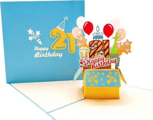 iGifts And Cards Tarjeta desplegable 3D de cumpleaños 21 – Caja de fiesta azul de moda sorpresa con globos, regalos y vibraciones de alegría –