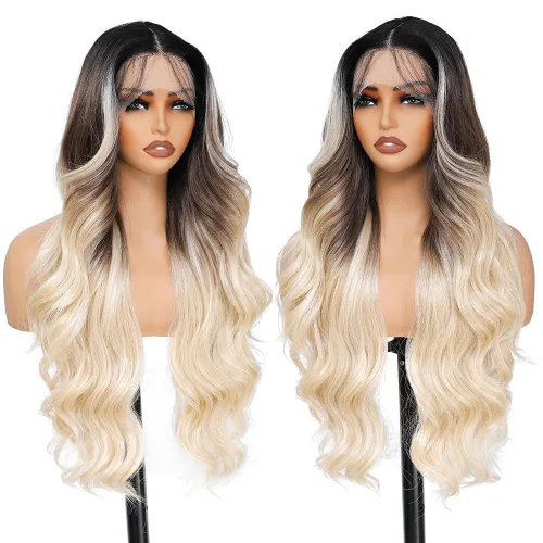 Miniatura 7 de Pelucas de encaje frontal rubias de 30 pulgadas X-TRESS con onda corporal, prediseñadas, peluca frontal de encaje sintético con raíces oscuras
