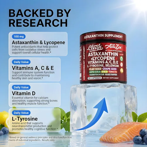 Miniatura 3 de Clean Nutra Astaxantina Suplemento de licopeno de 12 mg con vitamina A C D3 E, L-tirosina, selenio, lino, semilla de uva, gotu kola, amla, pimienta