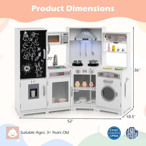Miniatura 6 de Costzon Cocina de Jugar de Rincón con Luces, Sonidos, Gran Juego de Cocina de Pretensión con Pizarra, Microondas, Accesorios de Cocina, Juguete