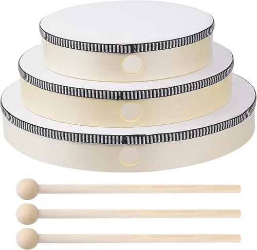 Miniatura 8 de Nydotd 3 piezas de tambor de mano de percusión de madera con barra de tambor de 12 pulgadas, 10 pulgadas, 8 pulgadas, instrumentos de percusión