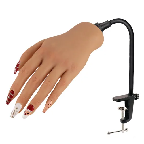 Mano de entrenamiento de uñas para uñas acrílicas con soporte de soporte, mano de maniquí de silicona suave, práctica de uñas flexible y flexible,